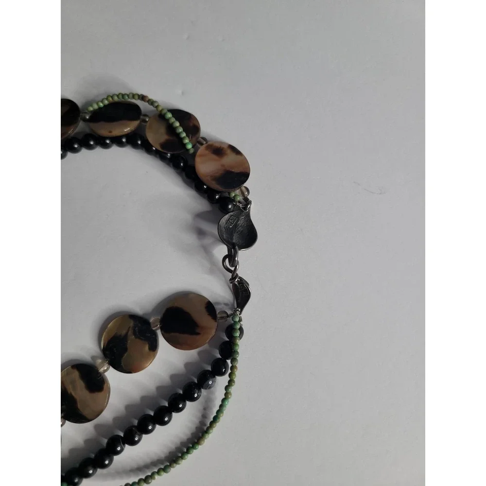 Multi Strand Shell Disc Necklace 925 Sterling‎ Clasp Black Bead Boho Artisan